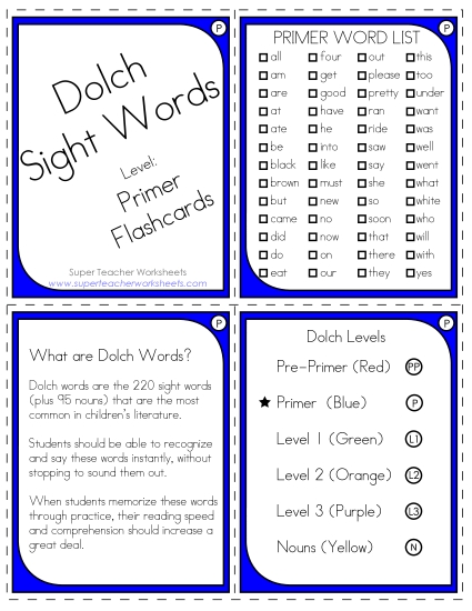Primer - Dolch Flashcards - Primer (Printable PDF Worksheet)
