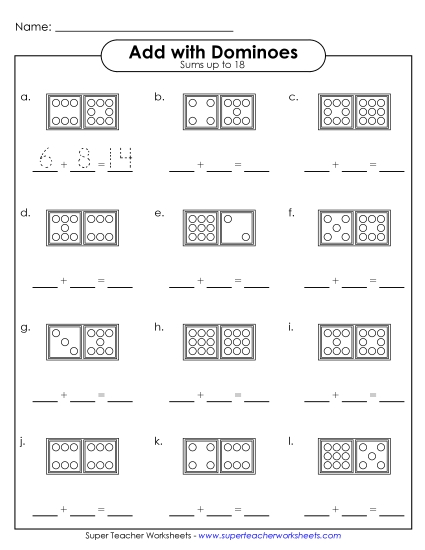 Addition Worksheets & Games - Domino Addition (Fill In - Up to 18) (Printable PDF Worksheet)