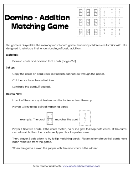 Addition Worksheets, Games, & Puzzles - Domino - Addition Matching Game (Printable PDF Worksheet)