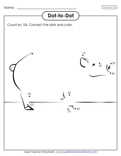 Skip Count By 10s - Dot-to-Dot:  Counting by 10s to 100 (Printable PDF Worksheet)