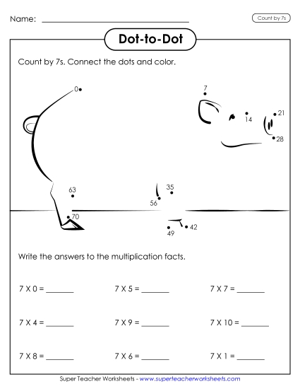 Skip Count by 7s - Dot-to-Dot Multiplication: Pig (Printable PDF Worksheet)
