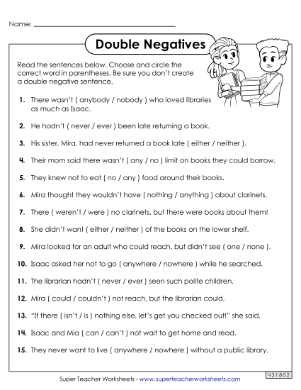 Worksheets - Double Negatives: Circle the Correct Word Worksheet 2 (Printable PDF Worksheet)