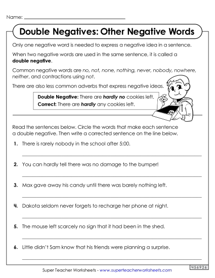 Worksheets - Double Negatives: Less Common Negative Words (Printable PDF Worksheet)