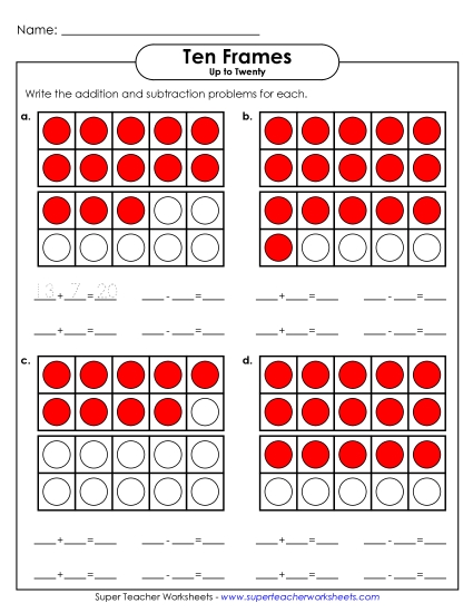 10-Frame Addition & Subtraction - Double Ten-Frame Fact Families (Up to 20) (Printable PDF Worksheet)