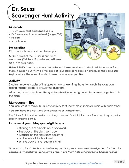 Classroom Activities - Dr. Seuss Scavenger Hunt (Printable PDF Worksheet)