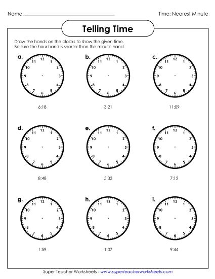 Reading Clocks: Nearest Minute - Draw Clock Hands: To Nearest  Minute (Printable PDF Worksheet)