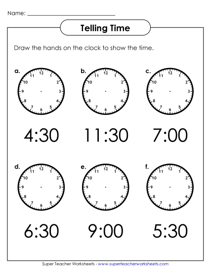 Reading Clocks: Nearest Half Hour - Draw the Hands (Printable PDF Worksheet)