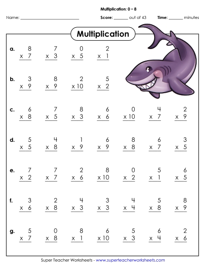All Facts 0s through 8s - Drill: Basic Facts 0-8 (A) (Printable PDF Worksheet)