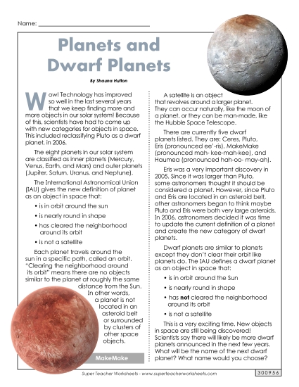 Articles with Questions - Dwarf Planets Article & Questions (Printable PDF Worksheet)