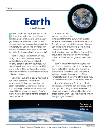 Articles with Questions - Earth Article & Questions (Printable PDF Worksheet)