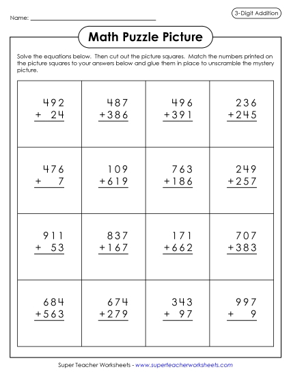 Easter Addition - Easter Chick Math Picture Puzzle (3-Digit Addition) (Printable PDF Worksheet)
