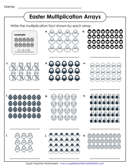Easter Multiplication - Easter Multiplication Arrays: Basic Facts (Printable PDF Worksheet)