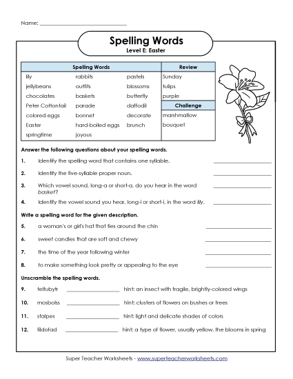 Worksheets and Puzzles - Easter Spelling Questions (Printable PDF Worksheet)