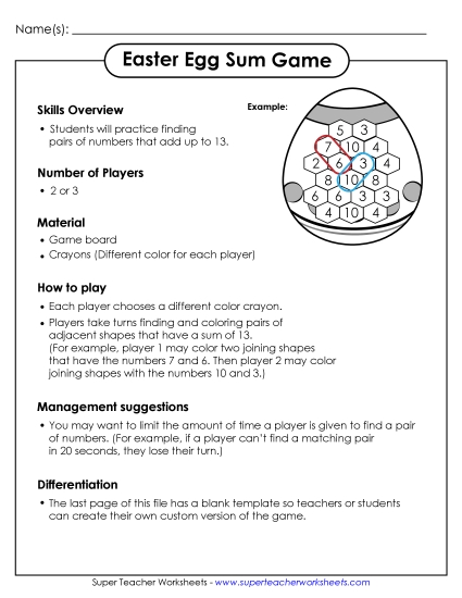 Easter Addition - Easter Sum Game (Basic Facts 0-10) (Printable PDF Worksheet)
