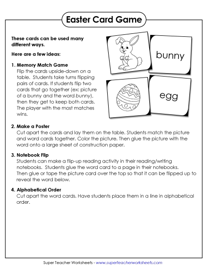 Learning Center Cards (Very Basic) - Easter Word-Picture Sort (Printable PDF Worksheet)