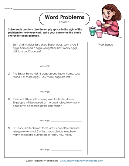 Mixed Word Problems - Easter Word Problems (Level A) (Printable PDF Worksheet)