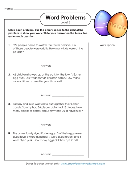 Mixed Word Problems - Easter Word Problems (Level B) (Printable PDF Worksheet)