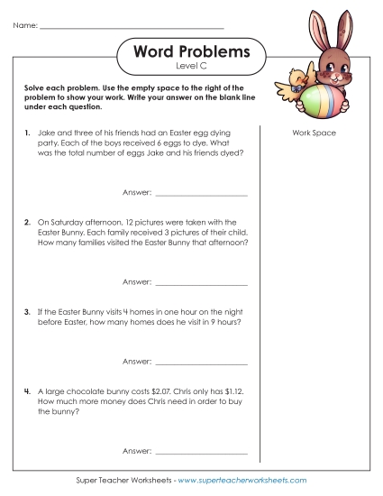 Mixed Word Problems - Easter Word Problems (Level C) (Printable PDF Worksheet)