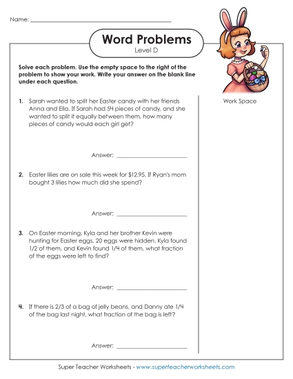 Mixed Word Problems - Easter Word Problems (Level D) (Printable PDF Worksheet)