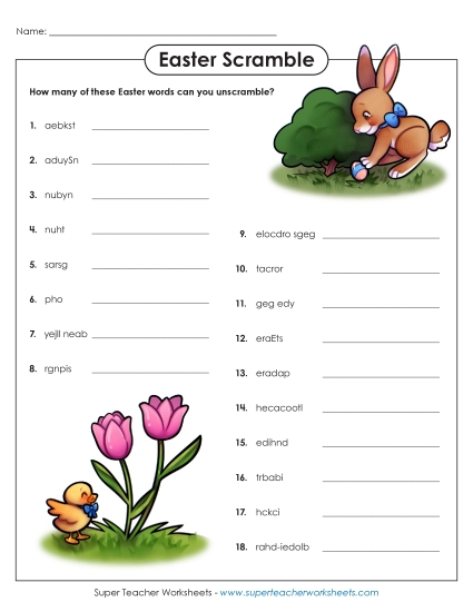 Easter Word Puzzles - Easter Word Scramble (Printable PDF Worksheet)