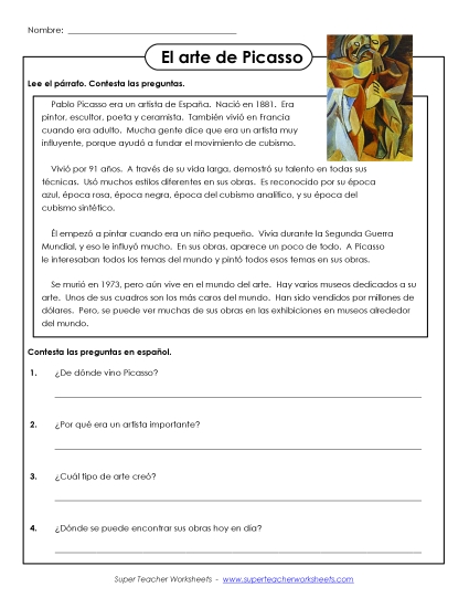 Level: Intermediate - El arte de Picasso (Printable PDF Worksheet)