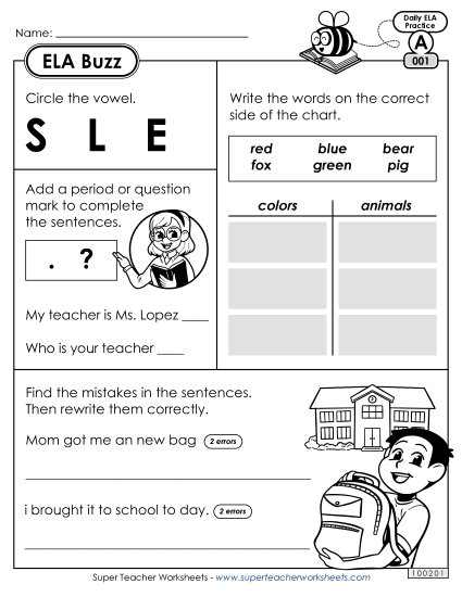 ELA Buzz: Week 1 Worksheets 1 through 5 (Printable PDF Worksheet)