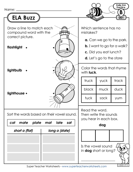 ELA Buzz: Week 1 Worksheets 1 through 5 (Printable PDF Worksheet)