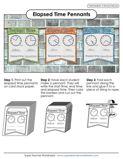 Math Pennants - Elapsed Time: 5 Minute Intervals (Printable PDF Worksheet)