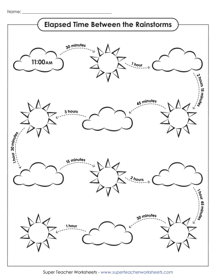 Level: Intermediate 5 Minute Increments - Elapsed Time Between the Rainstorms (Printable PDF Worksheet)