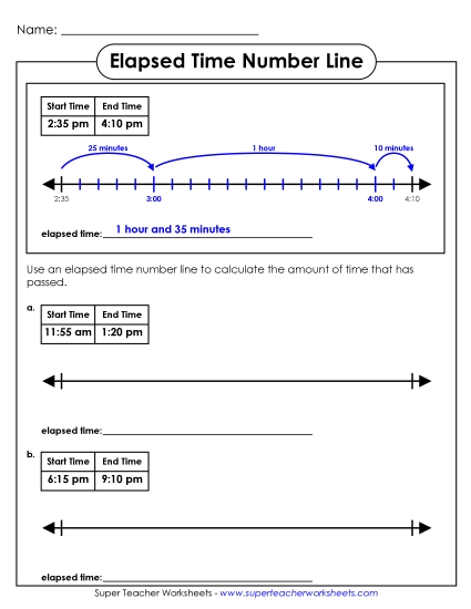 Level: Intermediate 5 Minute Increments - Elapsed Time Number Line (Intermediate) (Printable PDF Worksheet)