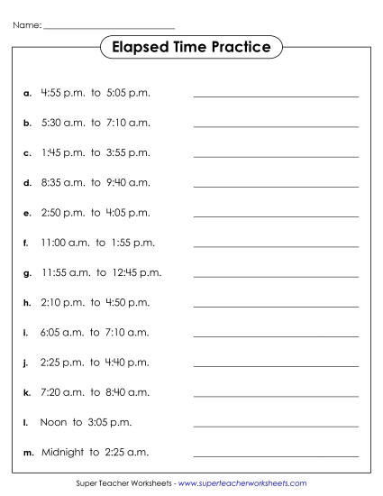 Elapsed Time: 5 Minute Increments - Elapsed Time Practice Worksheet (Printable PDF Worksheet)