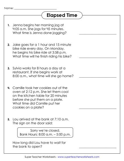 Elapsed Time: 1 Minute Increments - Elapsed Time Word Problems #2 (Printable PDF Worksheet)