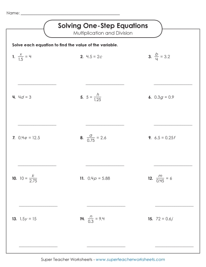 Solving for Variables Multiplication & Division Only - Equations with Multiplication & Division (Advanced) (Printable PDF Worksheet)