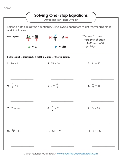 Solving for Variables Multiplication & Division Only - Equations with Multiplication & Division (Basic) (Printable PDF Worksheet)