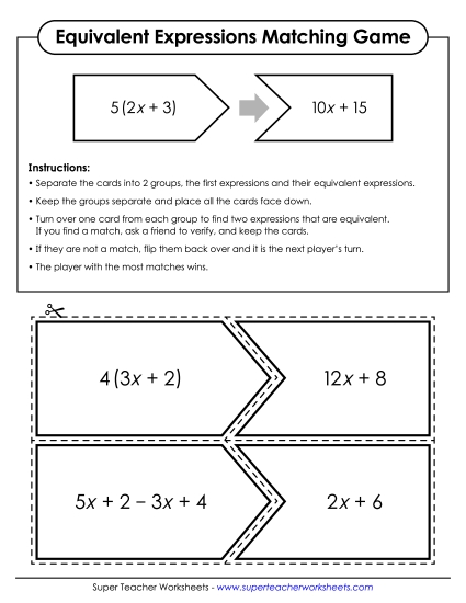 Mixed Types - Equivalent Expressions Puzzle Matching Game (Printable PDF Worksheet)