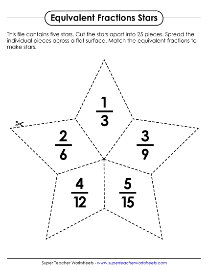 Equivalent Fractions - Equivalent Fraction Star Puzzles (Printable PDF Worksheet)