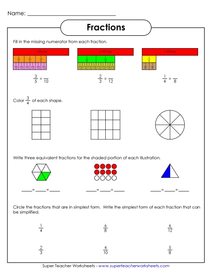 Equivalent Fractions - Equivalent Fractions & Simplest Form (Printable PDF Worksheet)