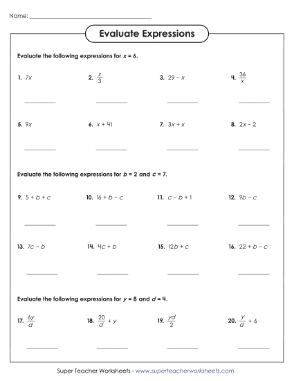 Basic Level: Positive Whole Numbers - Evaluate Algebraic Expressions (Basic) Worksheet 1 (Printable PDF Worksheet)