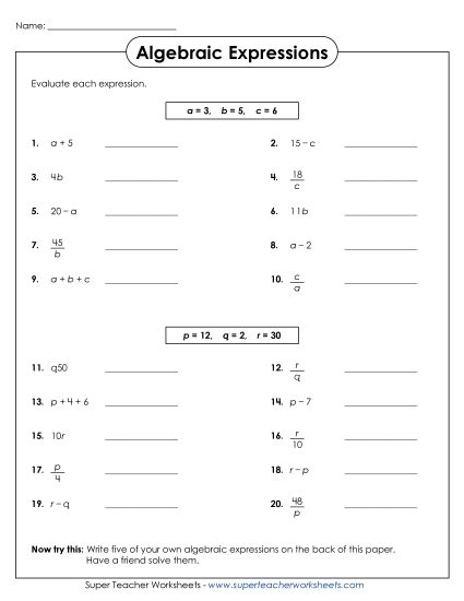 Basic Level: Positive Whole Numbers - Evaluate Algebraic Expressions (Basic) Worksheet 2 (Printable PDF Worksheet)