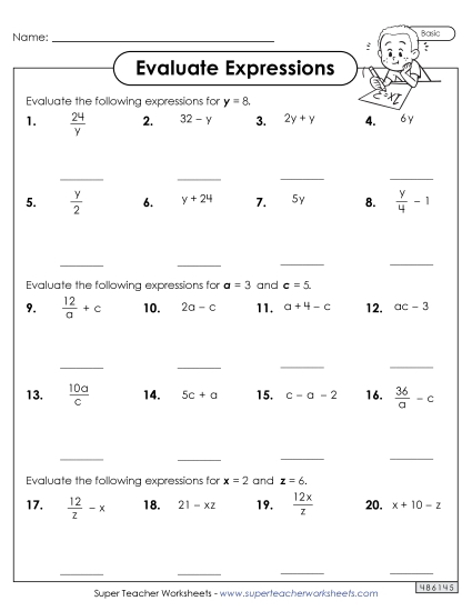 Basic Level: Positive Whole Numbers - Evaluate Algebraic Expressions (Basic) Worksheet 3 (Printable PDF Worksheet)