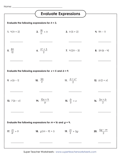 Intermediate Level: Exponents & Parentheses - Evaluate Algebraic Expressions (Intermediate) Worksheet 1 (Printable PDF Worksheet)
