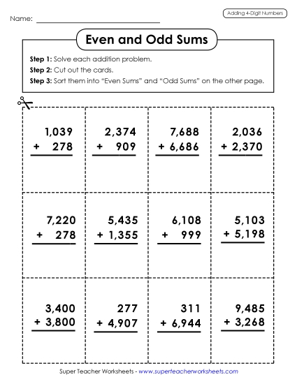 4-Digit Addition - Even & Odd Sums (4 Digits) (Printable PDF Worksheet)