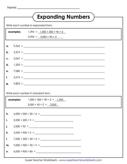 Place Value - Expanded Form: Thousands (Printable PDF Worksheet)