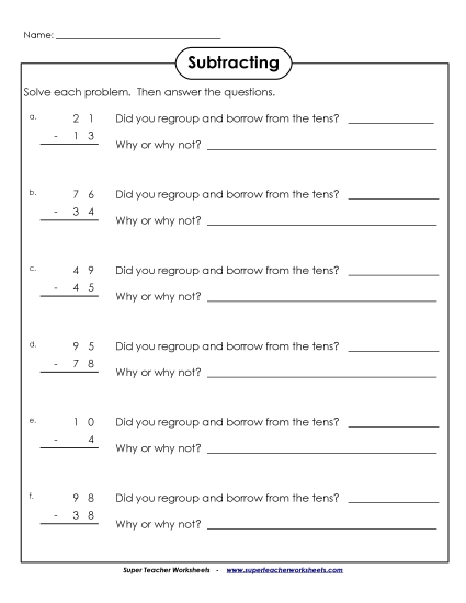 2-Digit Subtraction Worksheets - Explain Regrouping (Printable PDF Worksheet)