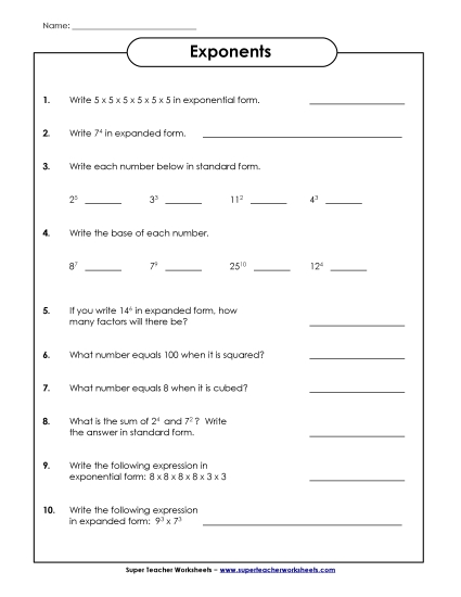 Exponents w/ Whole Numbers as a Base - Exponent Questions (Printable PDF Worksheet)