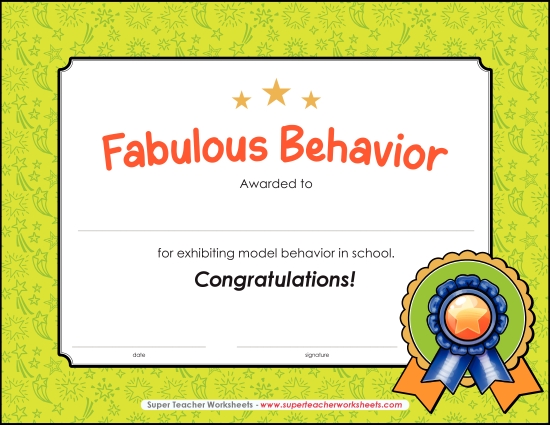 Character Awards - Fabulous Behavior Award (Printable PDF Worksheet)