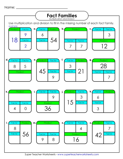 Fact Family Boxes - Fact Family - Boxes (0-9s) (Printable PDF Worksheet)