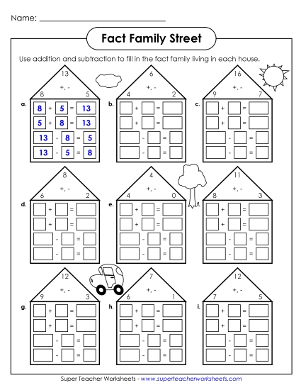 Fact Family Triangles - Fact Family Houses #1 (Printable PDF Worksheet)
