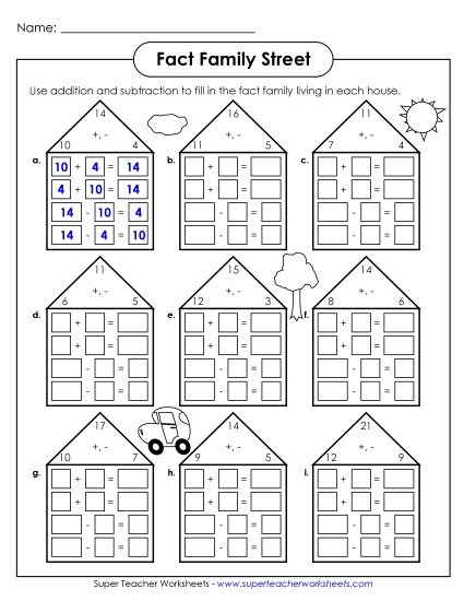 Fact Family Triangles - Fact Family Houses #2 (Printable PDF Worksheet)
