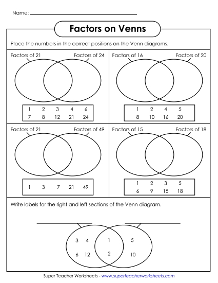 Level: Basic Grades 3-5 - Factors on Venns (Printable PDF Worksheet)